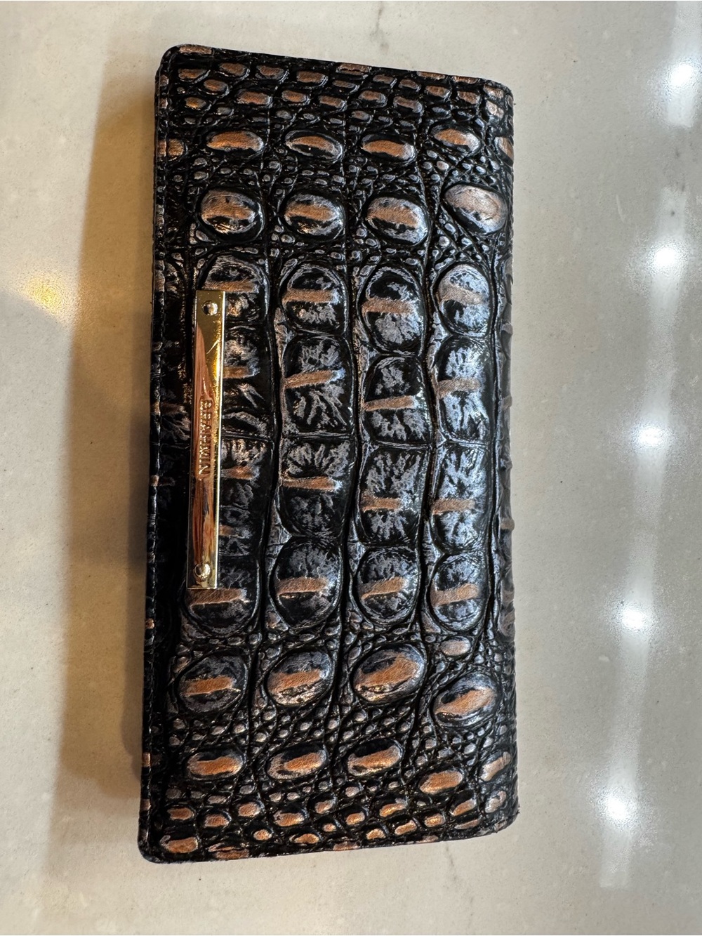 Women’s Brahmin Ady Black Croc-Embossed Leather Long Wallet with Gold Accent